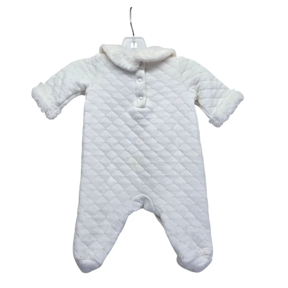 Nicole Miller New York Baby Girl Quilted Footie White Faux Fur Red Bow 0-3 Month